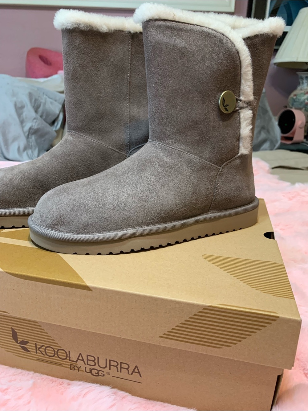 Koolaburra Taupe Suede Shearling Button Boots